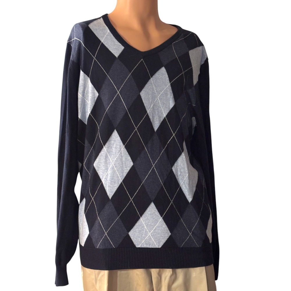 Merona Mens Argyle V-Neck‎ Sweater Navy Blue Grey Cotton Pullover Size M